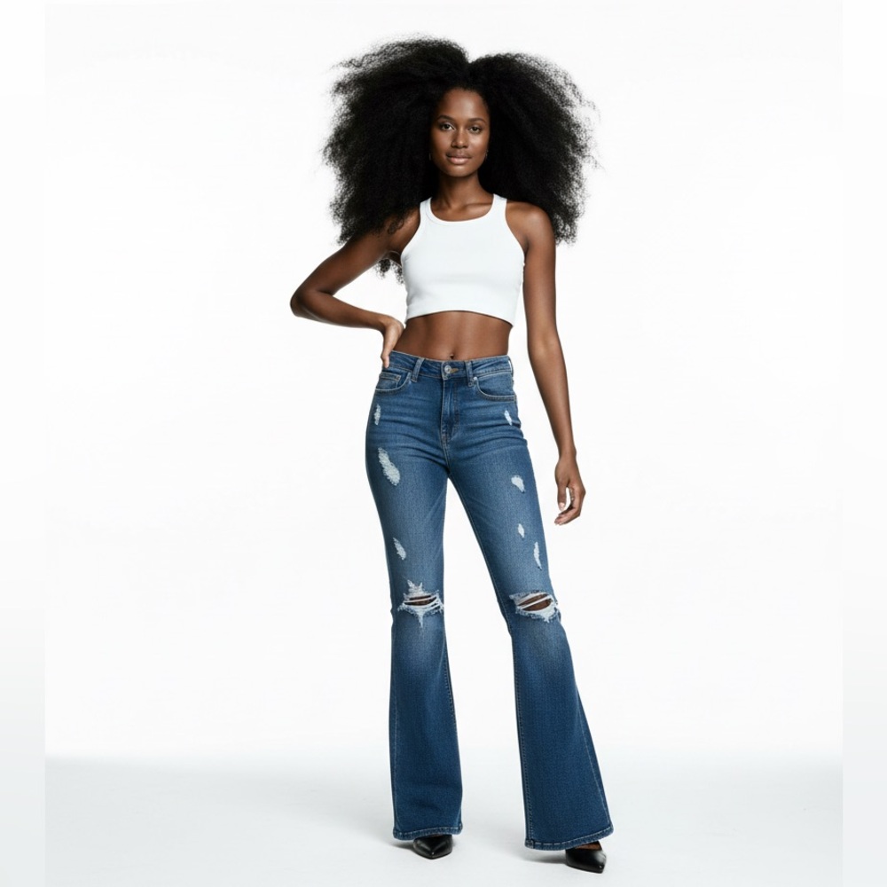 Hollister Womens High Rise Flare distressed Jeans size 24R.